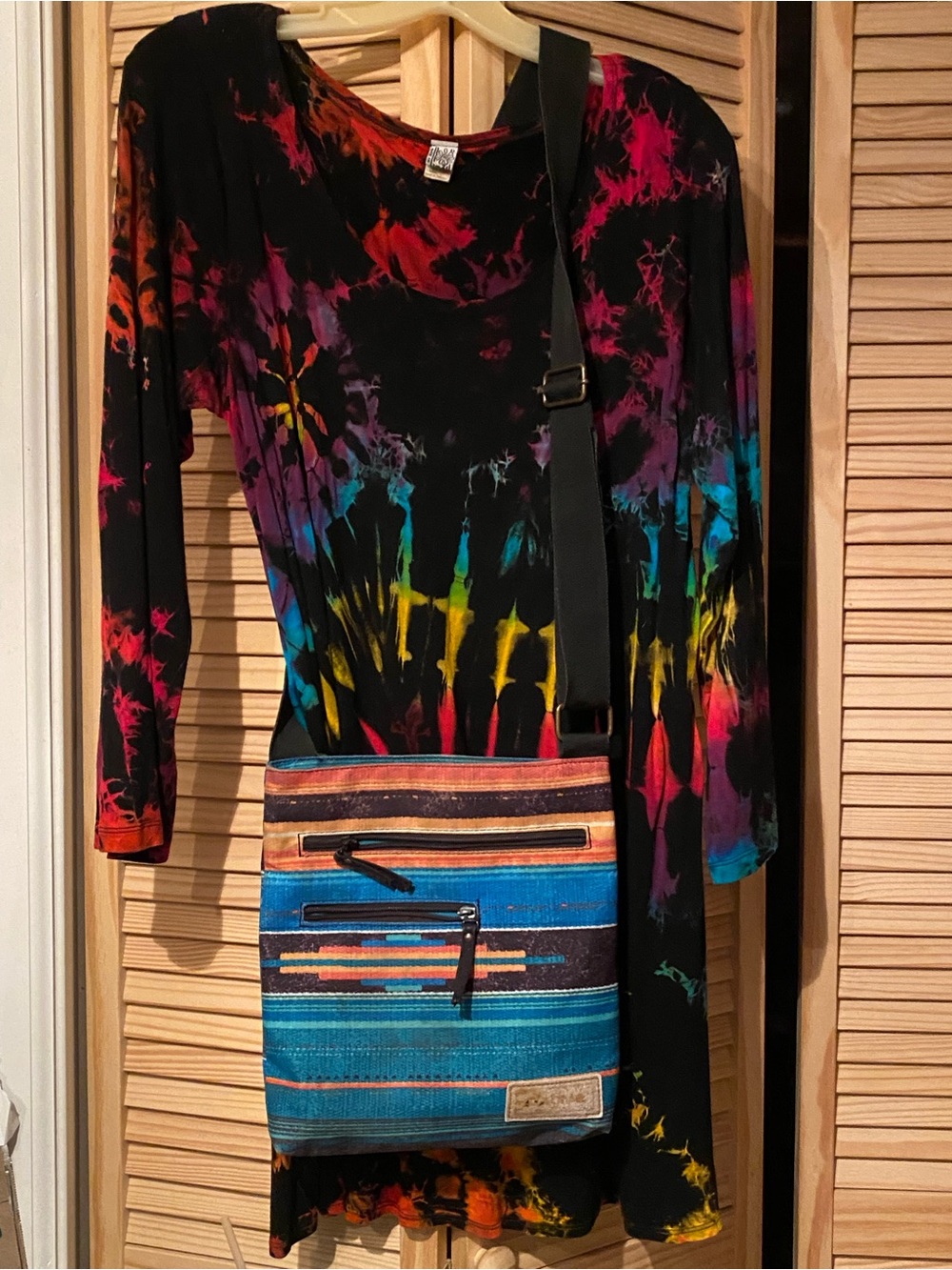 Mexacali Blues Black Tie-Dye Long Sleeve Dress with matching crossbody purse